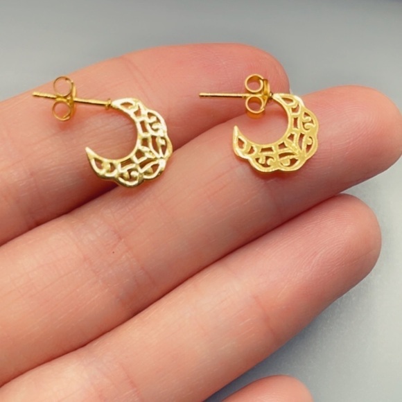 14k Gold Crescent Moon Half Hoops 925 Sterling Silver - Picture 3 of 7